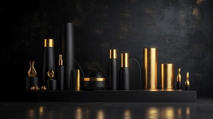 Elegant black and gold aesthetic display of various containers and vessels on a dark surface