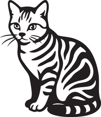 Striped cat silhouette black and white, Elegant tabby cat minimal outline