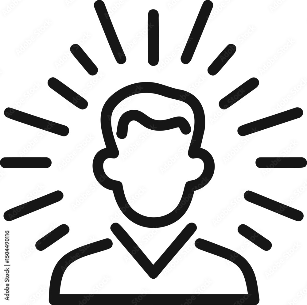 Poster outline of a person with sunburst lines around the head symbolizing insight. vector illustration