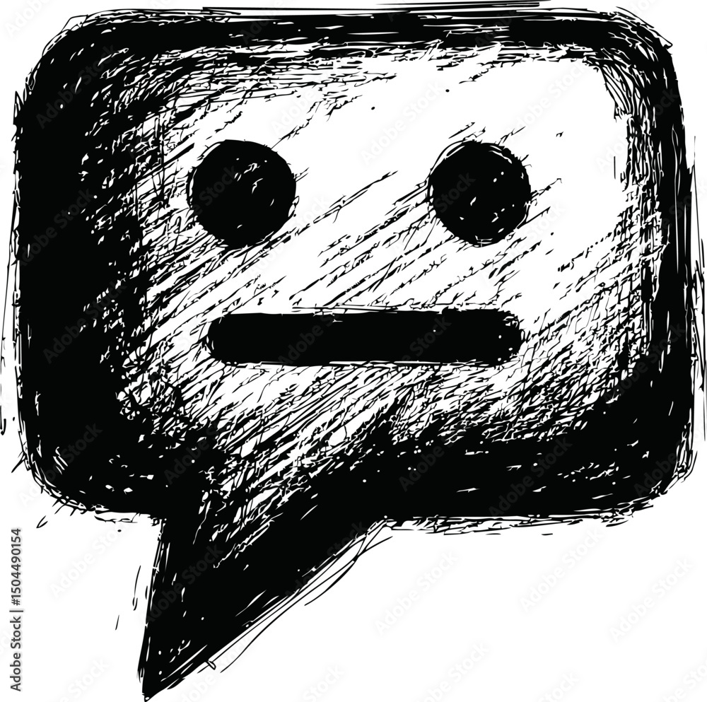 Poster sketchy black and white speech bubble with expressionless face inside. vector illustration