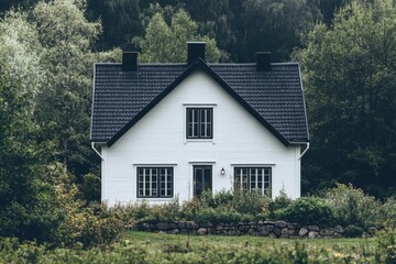 Charming white cottage surrounded by lush greenery and mature trees in a tranquil forest setting, capturing the essence of peaceful countryside living amid nature