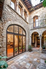 Fototapeta premium Beautifully restored courtyard of an old stone mansion featuring intricate architecture and lush greenery, captured in the warm afternoon light