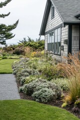 Fototapeta premium Beautiful coastal garden with diverse plants and a charming house near the shore at a serene location during overcast weather