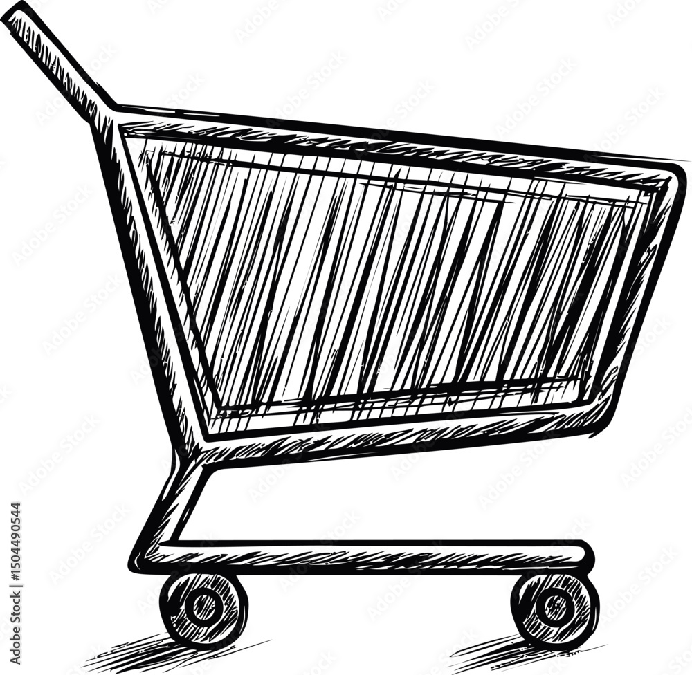Poster sketch of a shopping cart with scribbled lines in monochrome illustration style. vector illustration