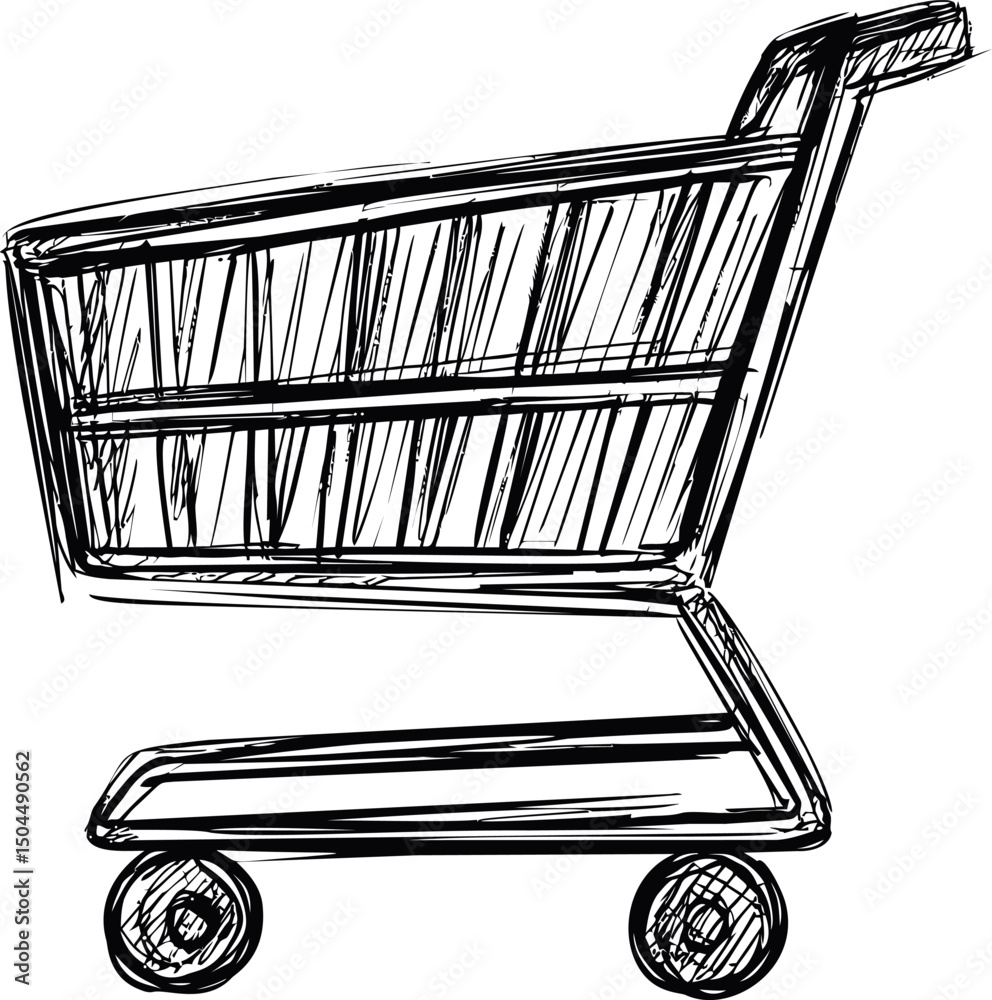 Poster black and white sketch of an empty shopping cart with artistic lines. vector illustration