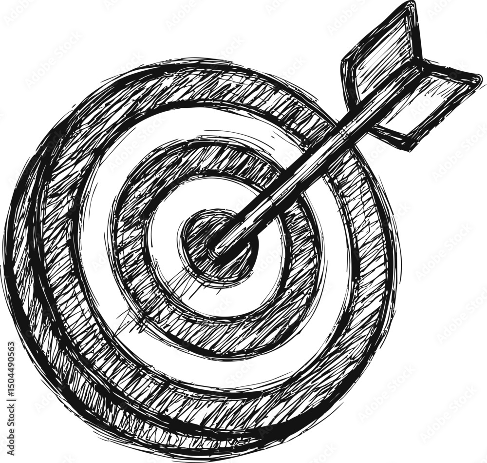 Aufkleber sketch of a target with an arrow hitting the center, achieving precision. vector illustration