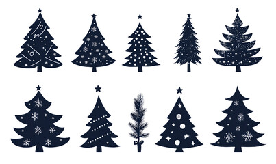 Collection of hand drawn christmas tree silhouettes in a dark blue and white artistic festive arrangement