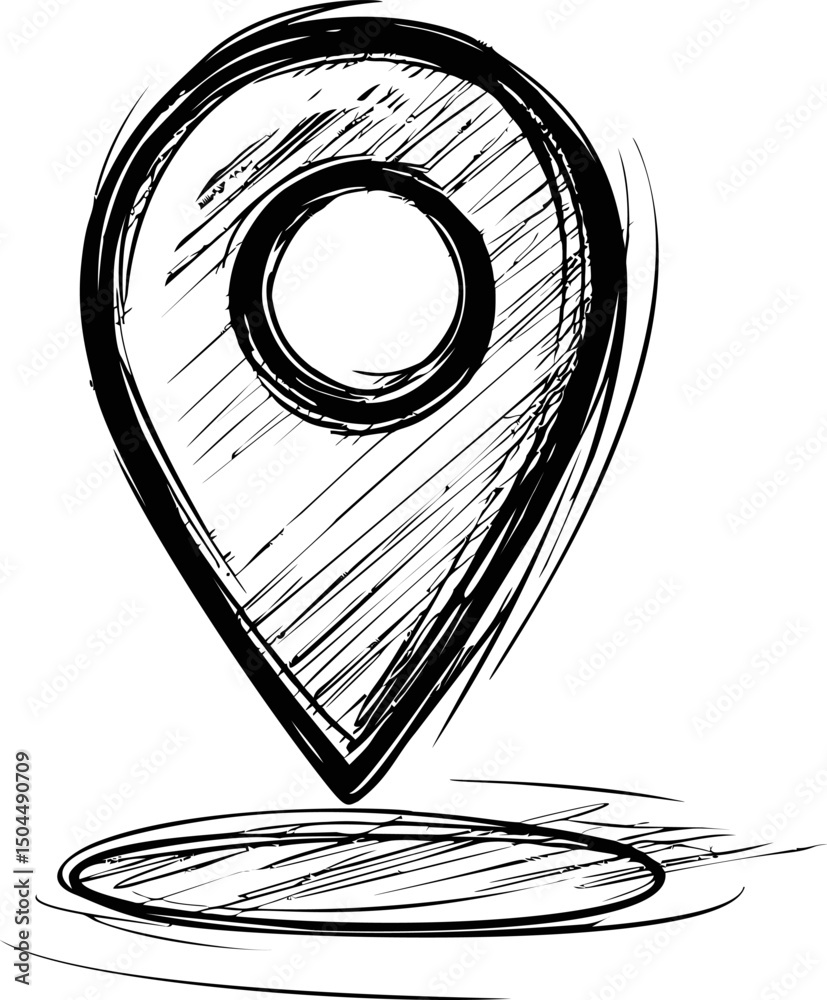 Poster sketch of black location pin icon with abstract lines and circular shadow. vector illustration