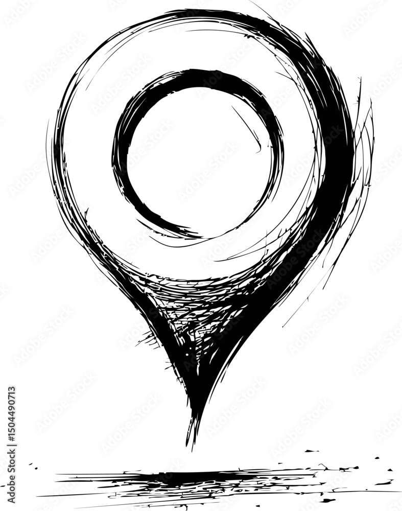 Poster abstract black and white sketched design resembling a location pin icon. vector illustration