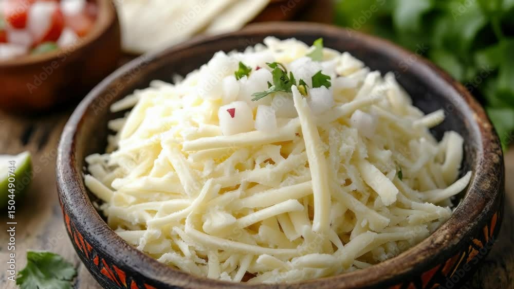 Poster A bowl filled with shredded cheese and garnished with various toppings