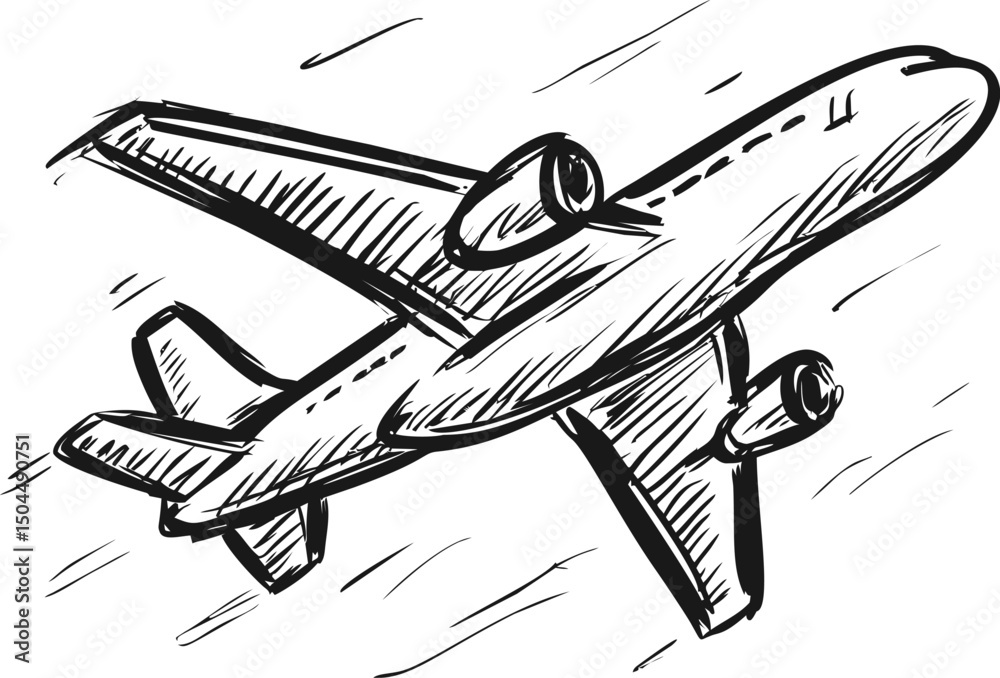 Poster illustrated sketch of an airplane flying in the sky with dynamic motion lines. vector illustration