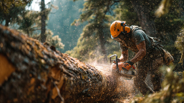 Lumberjack skillfully cuts down tree with chainsaw in dense forest