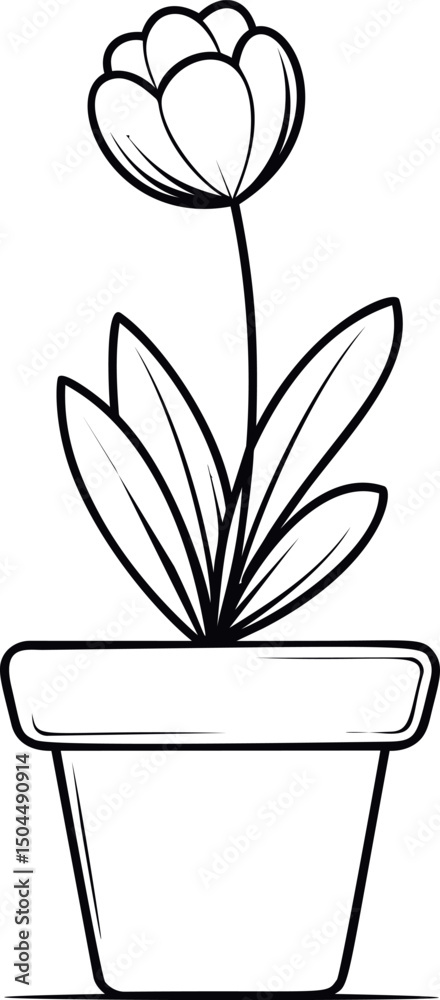 Poster black and white line drawing of a potted flower with multiple leaves. vector illustration