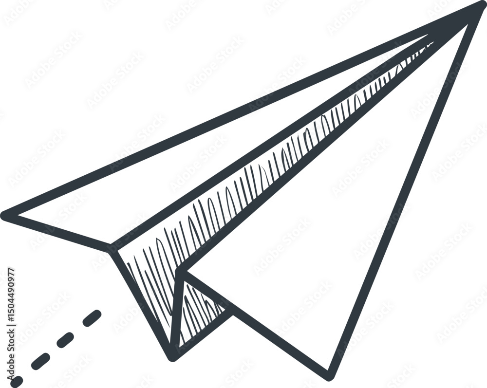 Poster Paper airplane sketch with dashed flight path, simple design concept. Vector illustration
