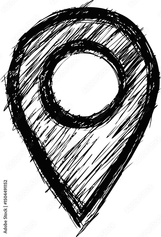Poster sketchy black and white location pin icon with textured shading. vector illustration