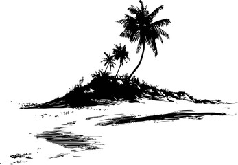 Black and white illustration of a tropical island with palm trees. Vector illustration