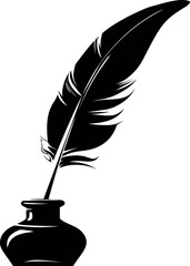 Black and white ink pot with quill feather pen in vintage style illustration. Vector illustration