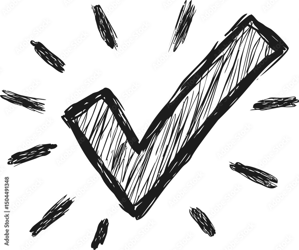 Poster hand-drawn black and white check mark with rays emphasizing approval. vector illustration