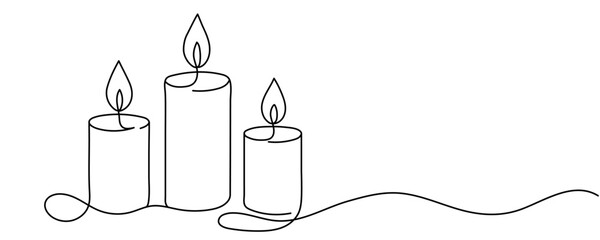 One line continuous three candle. Silhouette of burning memorial ceremony church tradition. Digital white single line sketch drawing vector illustration Editable stroke