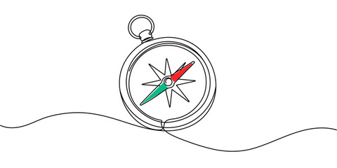 One continuous line drawing of traveler compass. Old navigate and adventure symbol in simple linear style. Editable stroke © Vasyl Yurlov