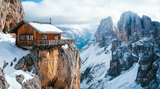 Secluded Alpine Retreat: Wooden Cabin Perched on a Rocky Cliff in Winter Wonderland