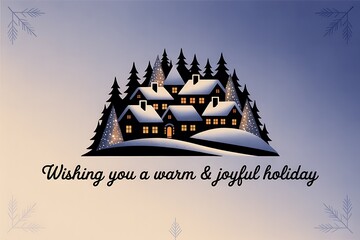 Snowy Winter Village Silhouette with Pine Trees and Cabins
