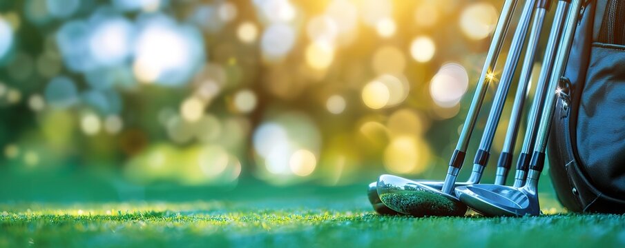 Closeup of golf clubs on the green grass with a blurred background of trees and sunbeams. Concept of golfing, sports, leisure, and outdoor activities.
