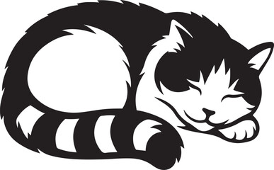 Sleeping cat silhouette black and white, Cute napping cat in curled position