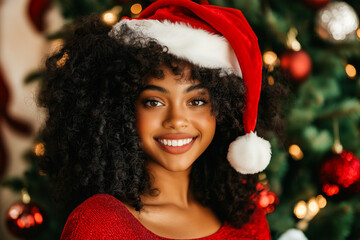 Beautiful black woman wearing santa hat smiling in front of christmas tree