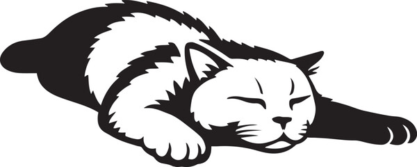 Sleepy cat black and white vector illustration, Cat resting minimal silhouette design