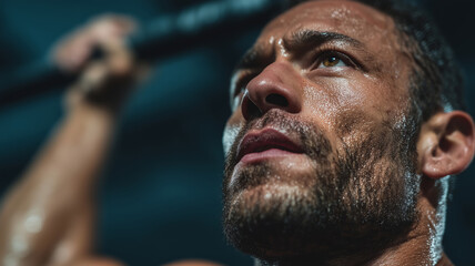 Focused individual performs pull-ups in a bustling open gym during workout hours