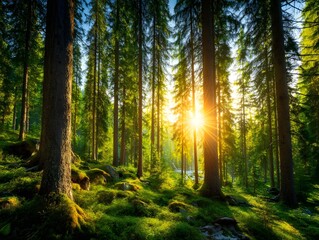 Obraz premium Dense Pine Forest with Sunlight Through Branches, Wide-Angle Immersive Woodland Scene, Lush Foliage and Dappled Light