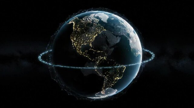 Digital globe with light trails and ring