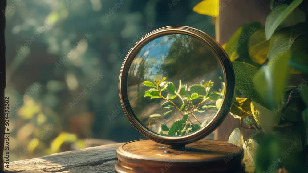 Poster a simple still life composition featuring a mirror sitting on top of a wooden table, ideal for use i