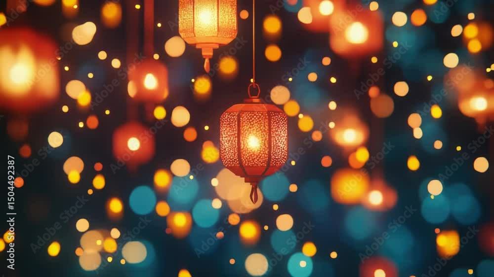 Poster decorative string lights suspended from the ceiling, ideal for event or party decoration