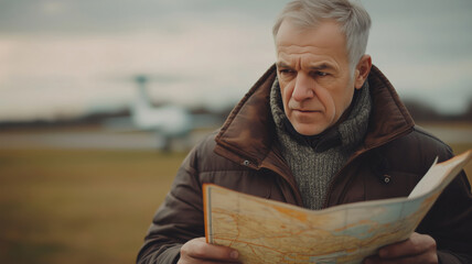 Senior man examines map thoughtfully on a chilly day at the airstrip