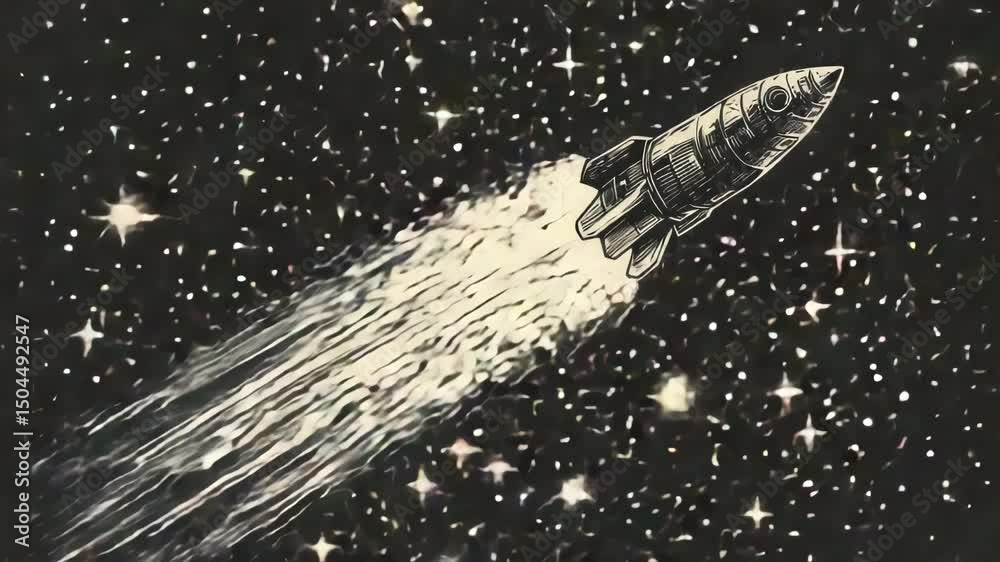 Poster a black and white drawing of a rocket soaring through space, ideal for science-themed illustrations 