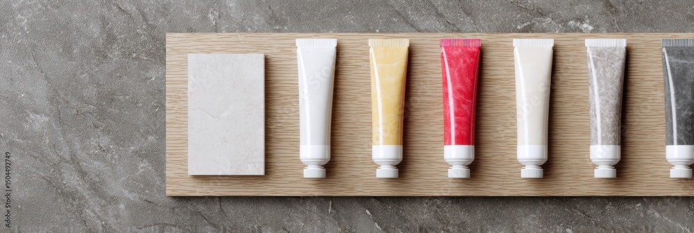 Aufkleber tubes of adhesive arranged neatly on a wooden tray ready for stone and tile applications in a minima