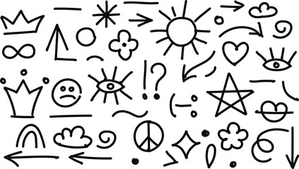 Grungy hand-drawn doodle icon set featuring stars, hearts, arrows, eyes, symbols, and sketch elements. Perfect for creative design, stickers, branding, and digital art.