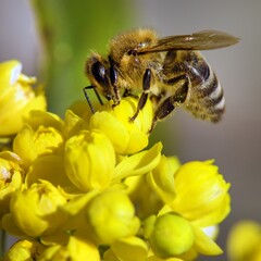 bee or honeybee in Latin Apis Mellifera yellow flower