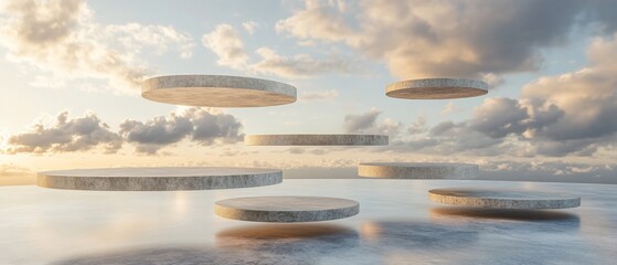Floating platforms above tranquil waters under a sunset sky