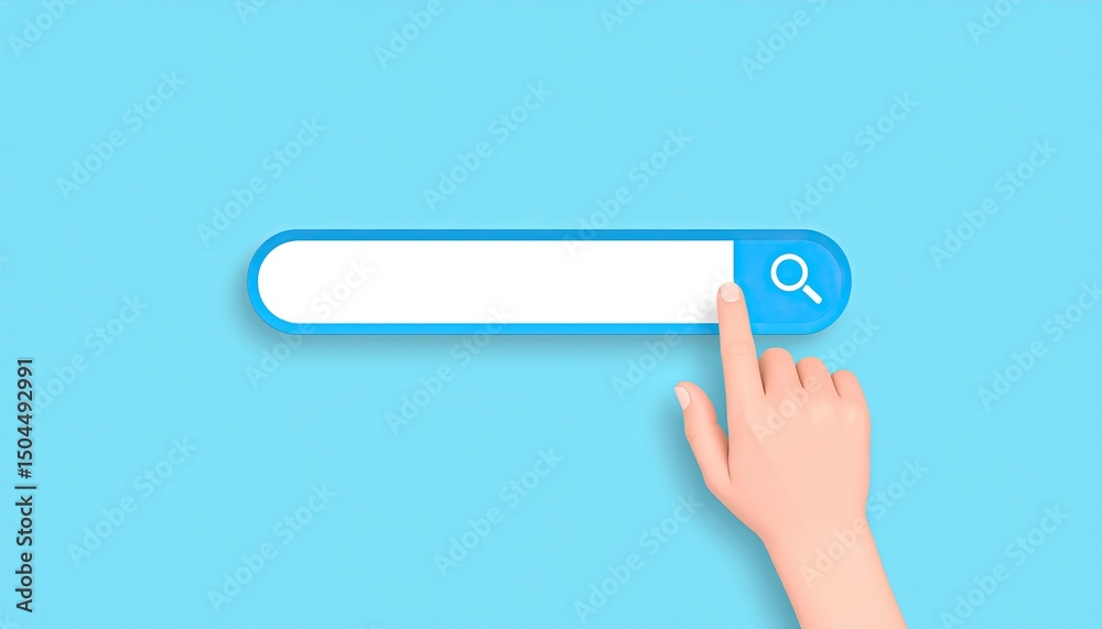 Poster hand pressing search button on digital interface with blank input field against blue background repr