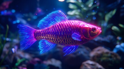 Fluorescent fish swims among aquatic plants in a dark blue environment