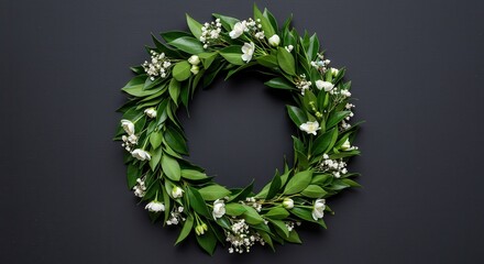 Green Laurel Wreath with White Flowers on Dark Background | Elegant Botanical Circle Frame for Wedding Invitations, Awards, and Logo Design