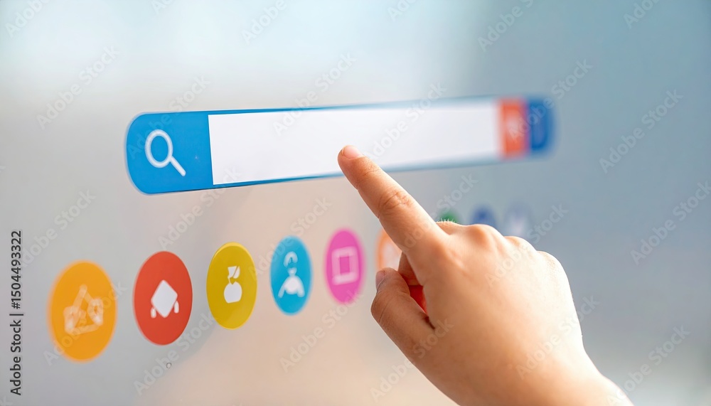 Poster hand pointing towards a search bar on a digital interface with colorful icons representing various c
