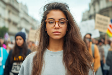 Young woman wearing glasses leading protest in city street