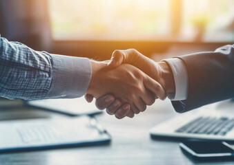 Two hands shaking with blurred modern office background. Concept of trust, partnership, and successful corporate deal
