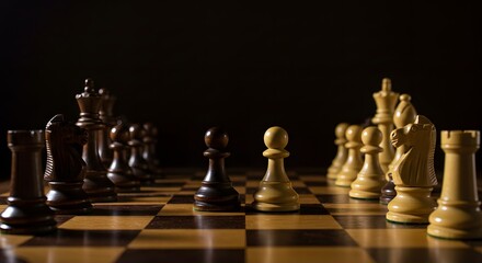 Black chess pieces on a chessboard signify a strategic game of intellect and competition