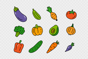 Colorful doodle-style vegetable set. Hand-drawn vector icons of eggplant, carrot, pumpkin, tomato, onion, broccoli, pepper, cucumber, avocado, and zucchini. Vector illustration EPS10.