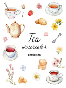 Watercolor Tea clipart collection featuring various teacups, flowers and cookies